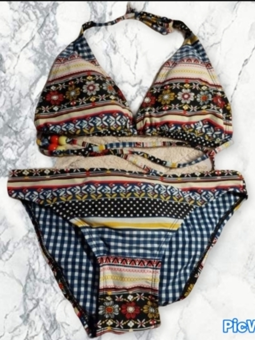 Reversible Boho Floral Mix - Plaid Print Halter Bikini - Multicolor